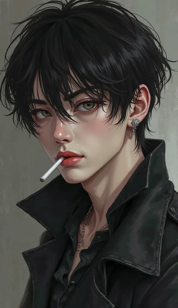 create a 25 year old guy. he is a young Japanese.  He has pale skin , short black hair. he has bright grey eyes and full pink lips. he looks dangerously and indifferently, he has a cigarette in his lips. he looks independent and dangerous. 