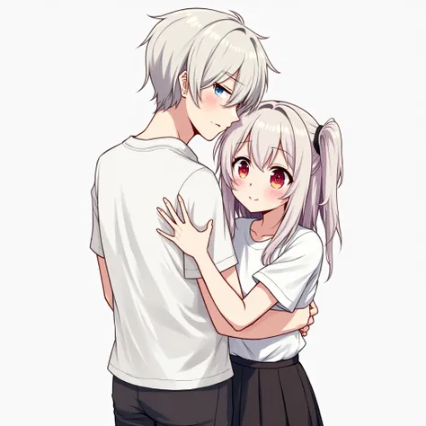 Adult guy and girl standing side by side, the guy on the left, and the girl on the right, anime. 
the guy on the left:  age 25 years , height 190 centimeters, average build, hair color snow-white,  Eye color blood red, eyebrow and eyelash color white, wear...