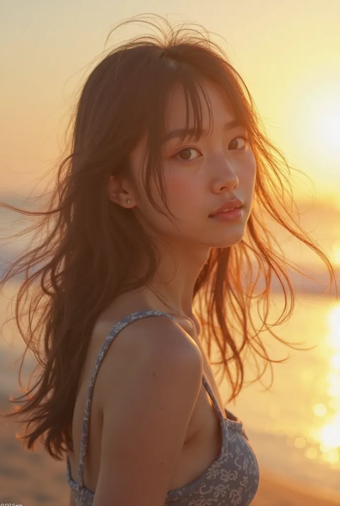 Morning mist, sunrise, lens flare, a cool breeze, a young Japanese woman with delicate features, her long hair tousled by the wind, strands of hair scattered across her face, wearing summer clothes, with a beachside background.