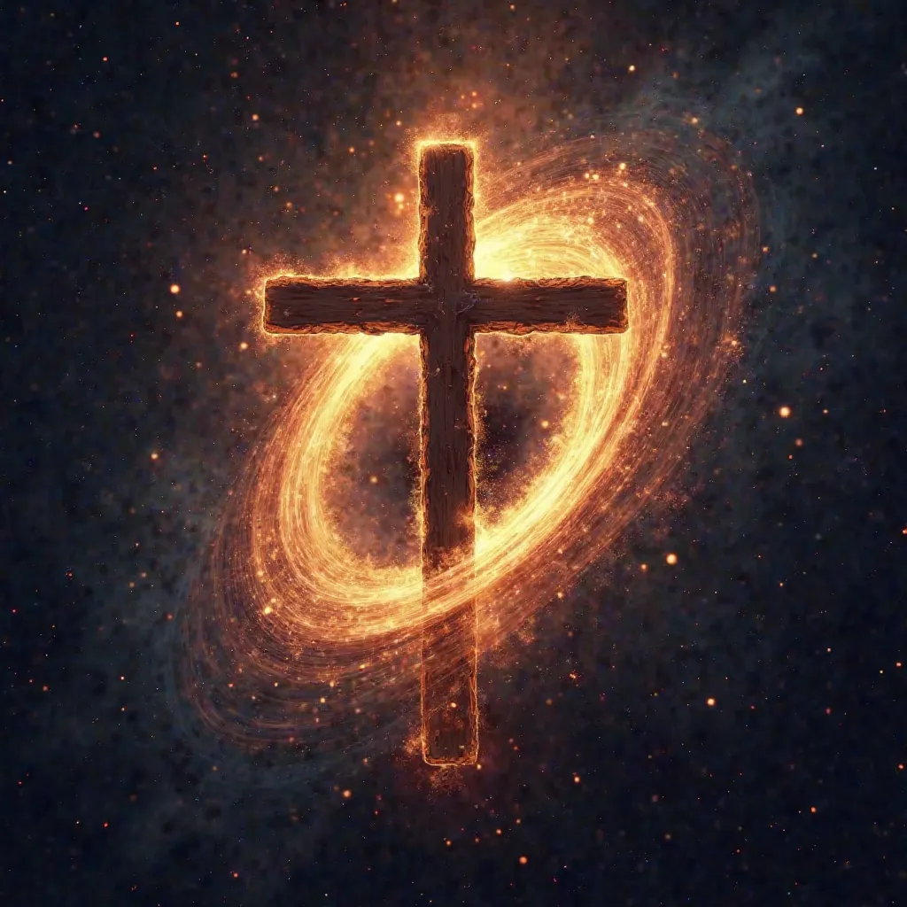  A design of a cross emitting light that is so intense it overpowers a black hole. colours may vary, the cross may be demolishing the black hole, flooding it with so much light even it's darkness can't compare to christ