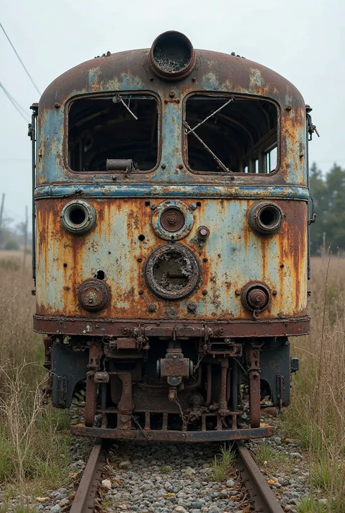 An old and completely destroyed train, covered in rust and signs of wear, abandoned on tracks overgrown with tall weeds. The front headlight is broken, with cracks in the glass and rust embedded in the