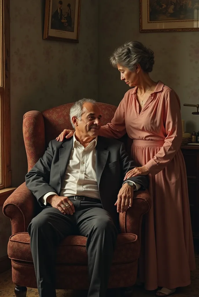 (Photorealism:1.2),  I would like a family picture in the Godfather style. The man is sitting in the middle in the armchair.  on his lap. The mother is standing next to the armchair and her hand is on the man's shoulder.