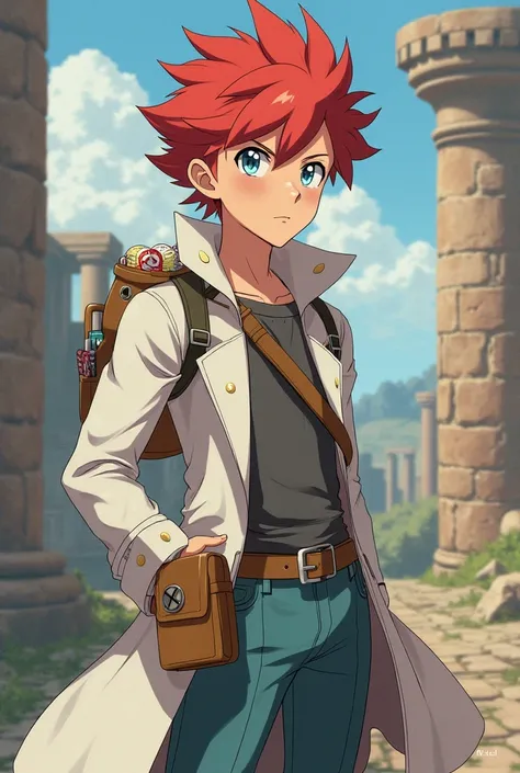 A young Pokémon trainer named Otsugua, , tall and with vibrant and messy red hair. He wears a modern white coat, with internal pockets and a discreet Pokéball holder embedded inside the clothing.  His expression is curious and determined , reflecting his p...