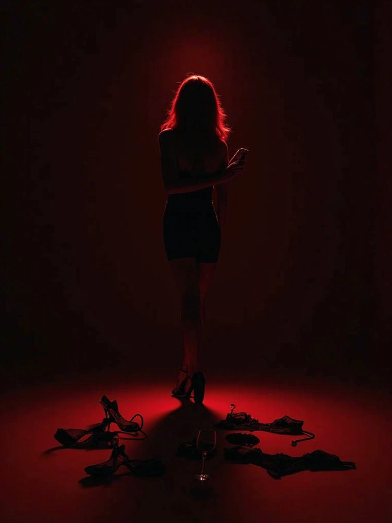 A sensual female silhouette highlighted by red lights against a dark black background. Her shadow is cast dramatically, creating a mysterious and seductive atmosphere. On the floor, a spilled glass of wine, a pair of high heels, and scattered lingerie sugg...