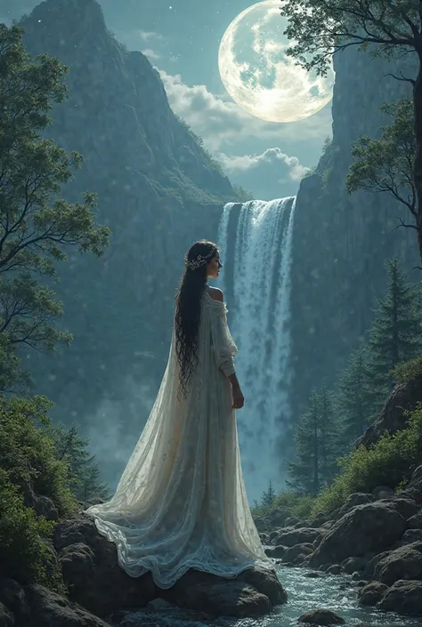 anime, Full moon, rabe,  waterfall, Stars, Forest, Mountains, woman 

