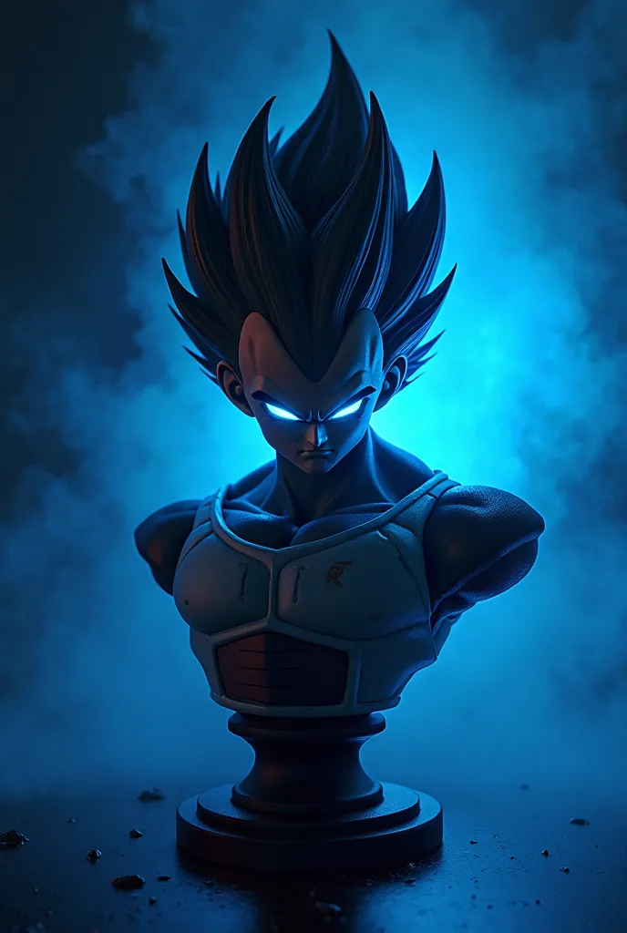 an artistic bust of Vegeta from Dragon Ball against the light that the back light is strong neon and blue and Vegeta's eyes too while everything else about him is dark