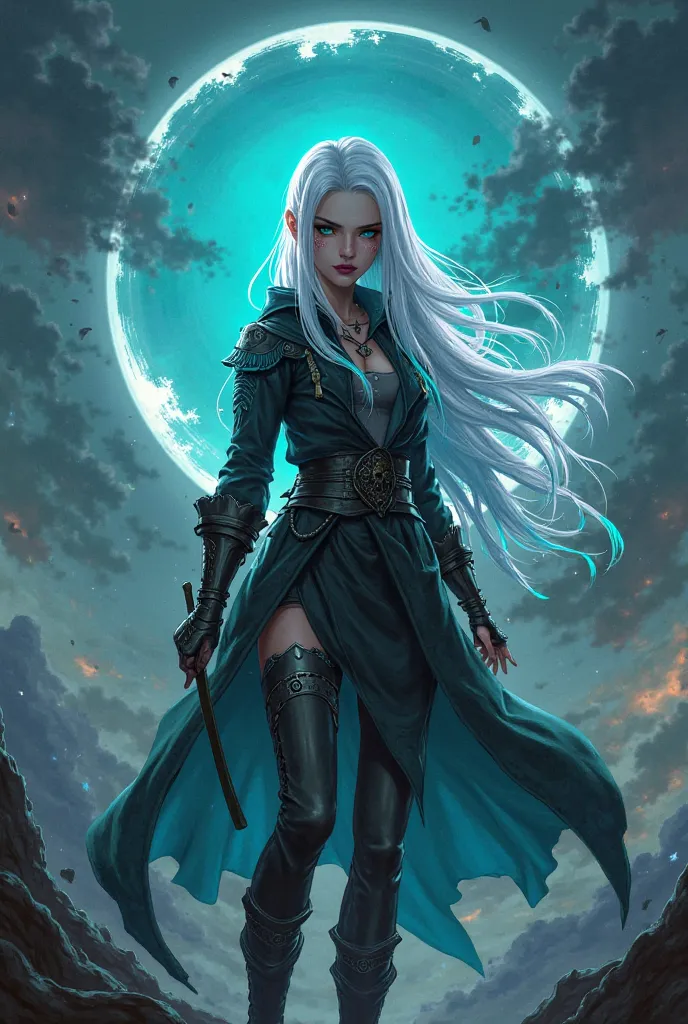 Create a demon hunter dressed like Demon Slayer with white hair with tips painted in cyan, And she has the anime-style Eclipse feel