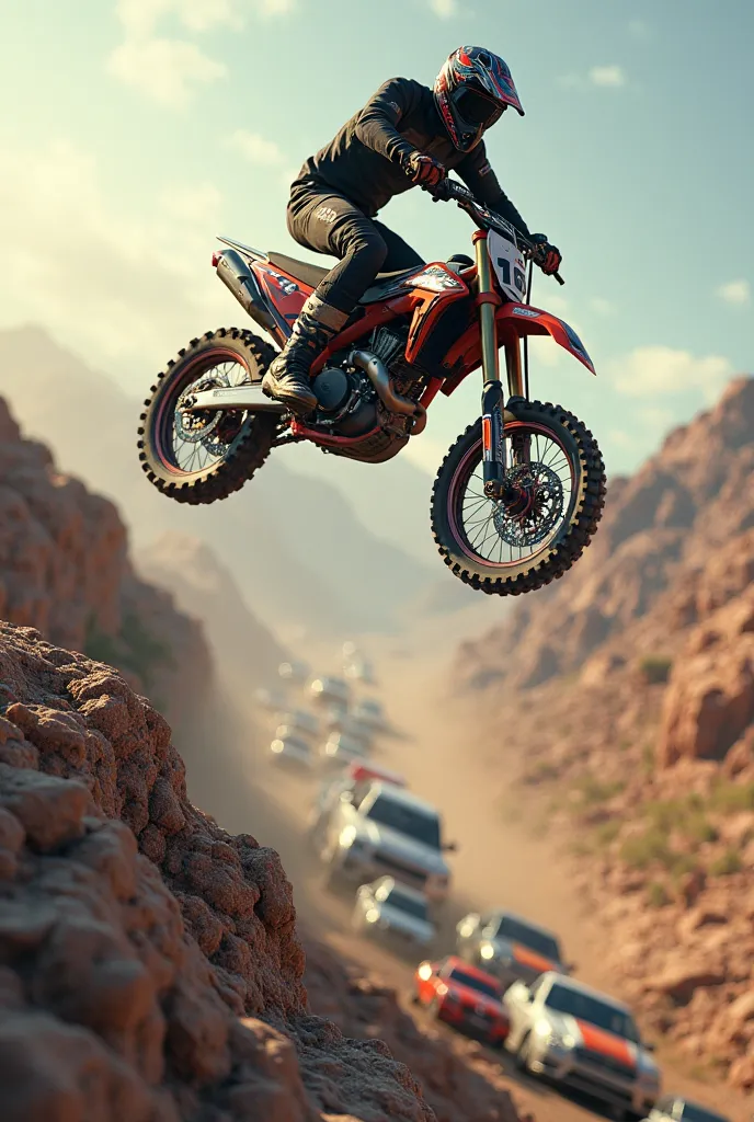 Create a motocross racer for me, Jumping down a ramp with several cars at the bottom