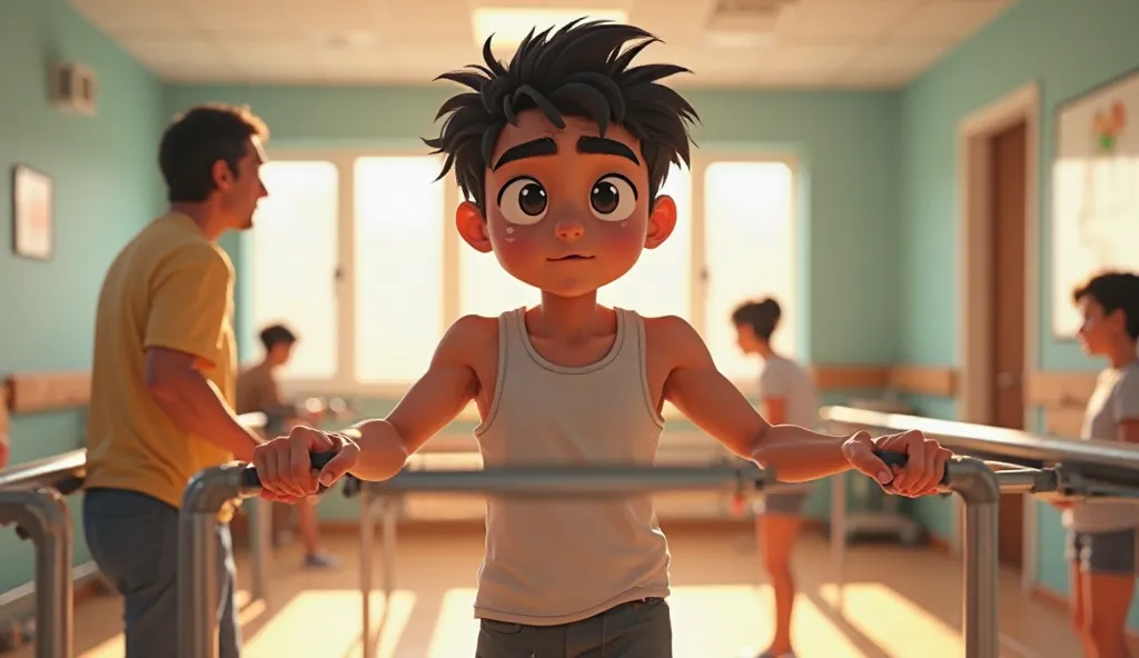 In a rehabilitation center, a young man, 22 years old, takes determined steps using a prosthetic leg for the first time. Julián has tanned skin, short messy black hair, thick eyebrows, and dark eyes filled with effort and determination. Wearing a simple at...