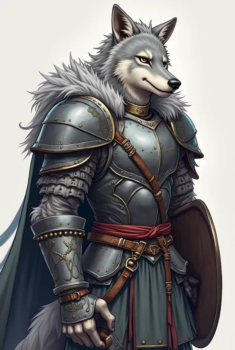 A gray-haired humanoid wolf, Slim body, strong and tall, a humanoid body symmetry, wears heavy armor with a large shield, , has a friendly look and a Mohican hairstyle, The drawing style I want to be anime and furry