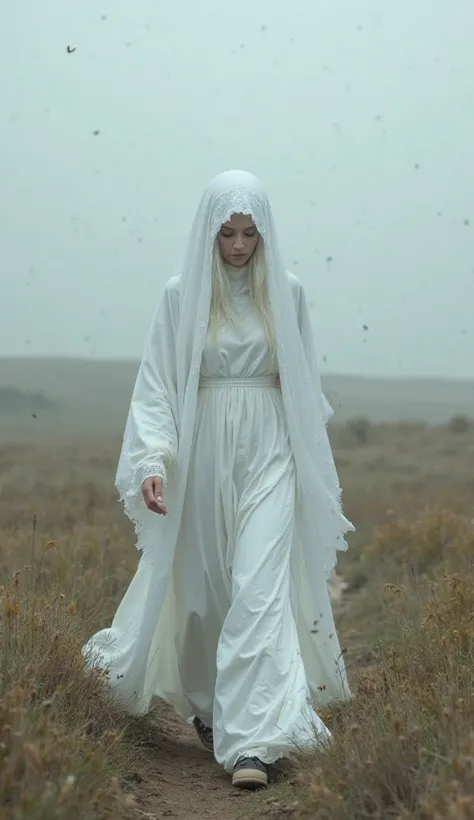 In a wide and mysterious valley walked a strange figure wearing all white clothes including a white veil, long white shawl and long white robe. face not visible, walking while looking down towards the camera. the picture looks original, HD, 8k.