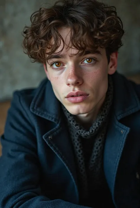 A young European man of about 18 years old, slightly tired but handsome face, orange eyes with a soft yellow undertone, white skin,  pink lips, brown hair, sitting in a dark blue coat and a little mysterious.