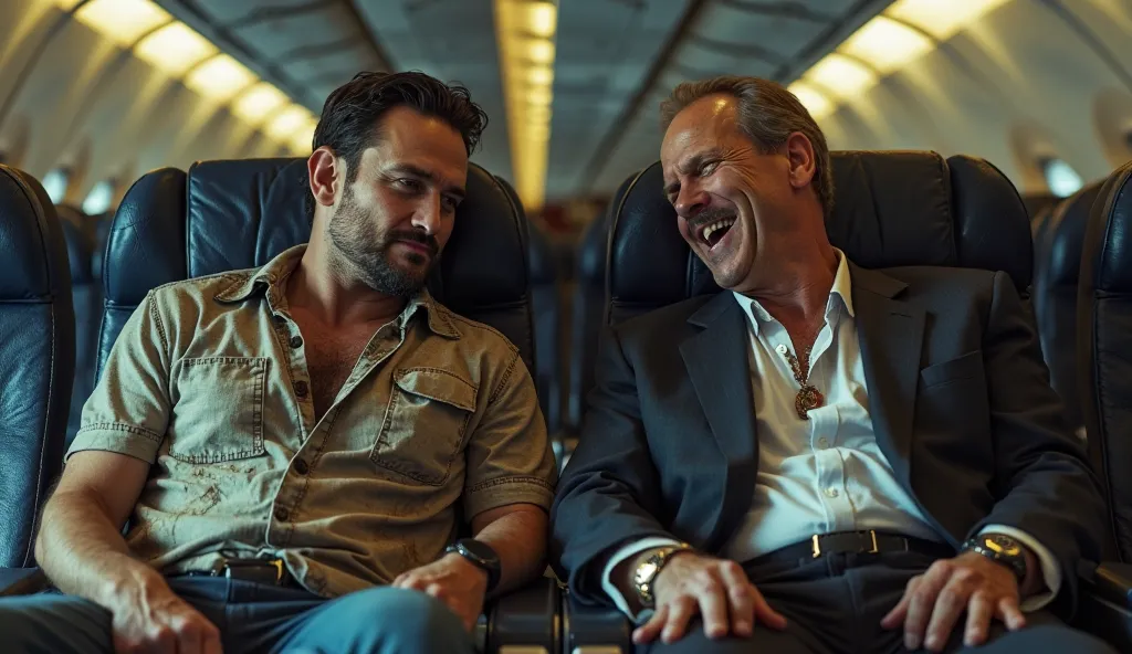 Tom Hardy is sitting on an airplane in old jeans, an old shirt that is worn out, and a rich man in an expensive suit is sitting next to him, laughing at him.