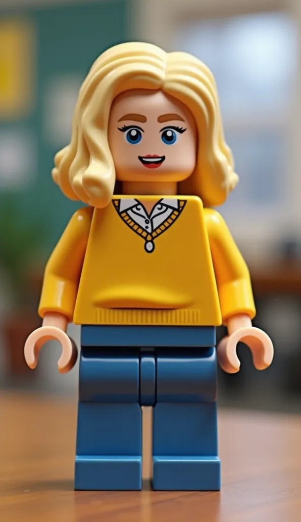 Create a LEGO minifigure inspired by Riley,  from the movie Fun Mind .

She's a young girl , with fair skin,  light beige head and hands ,  blond hair and blue eyes.

She wears a yellow sweater, with a white blouse underneath and blue jeans. The background...