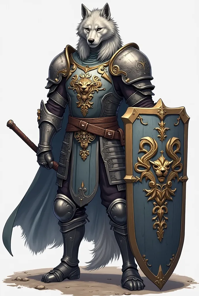 A gray-haired humanoid wolf, Slim body, strong and tall, a humanoid body symmetry, wears epic heavy armor, with lion ornaments engraved on the chest, with a large tower shield with dragon ornaments, , has a friendly look and a Mohican hairstyle, The drawin...