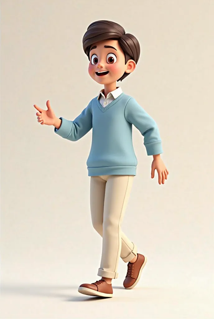 Create 3D illustrations of an animated student in different positions. The character must wear a shirt, light blue sweater and lead pants 