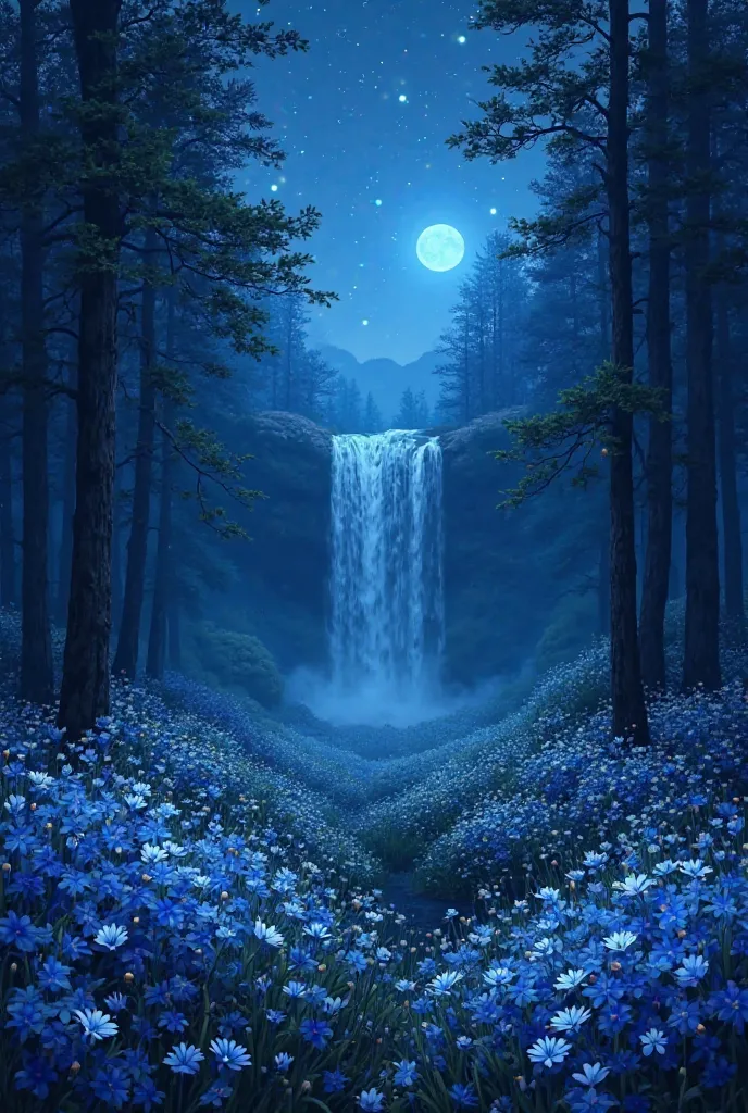 Nighty, blue forest. There's a lot a lot blue and white flowers. We see waterfall far away, deep in the forest. There's small blue moon and beautiful shining stars on the blue, nighty, clear sky - some shining stars are falling down. I wanna real view and ...