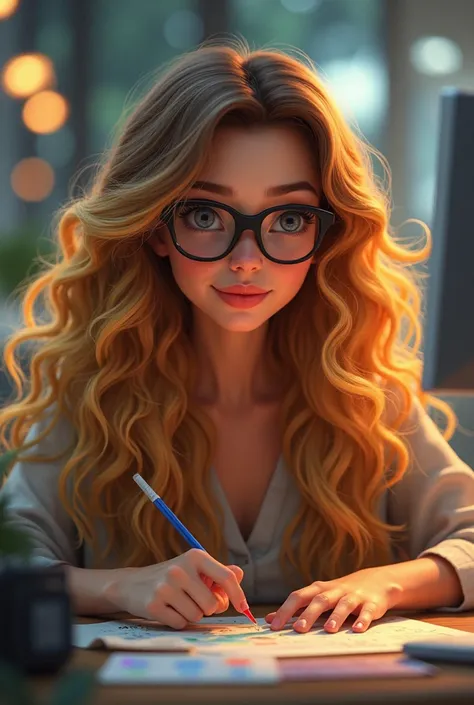 Woman with thick curly hair long, yellow and brown hair color.  with black lenses. White woman with round nose. Working at desk computer and with green programming cards, and car lights. Disney Pixar animation style 