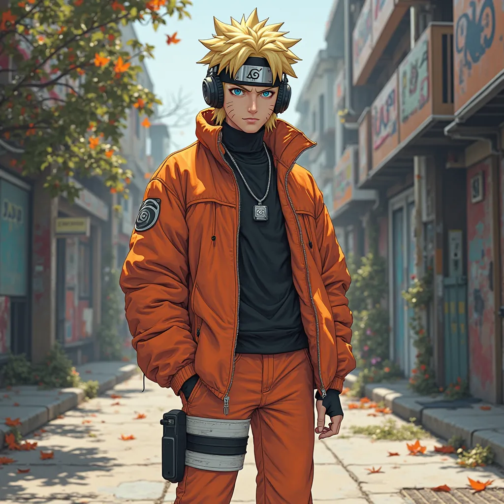 I generated and sent you an image of Naruto, rapper,  with streetwear clothes ,  glaas soul mix art , centered with headphones on the sidewalk, in deviantart style..