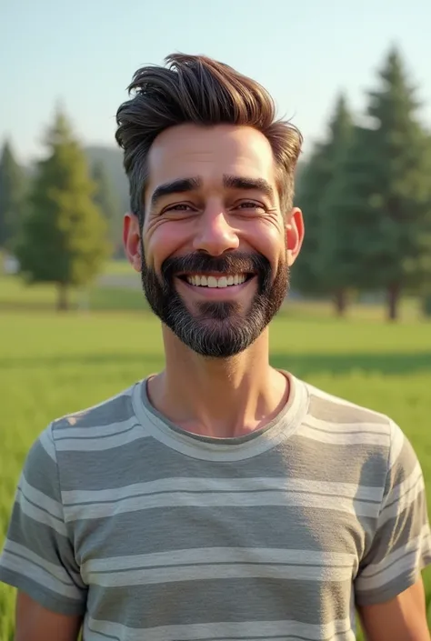 A computer graphics photo, with a 35-year-old man, from the front, smiling and with a well-done beard and hair, and with a striped shirt, and behind it a field, with green lawn and with some trees