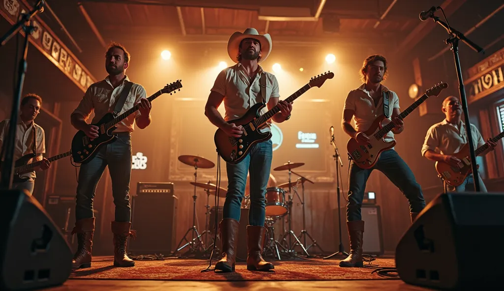 First-person view from a front-row center patron looking up at a Southern rock band performing on stage. The charismatic lead singer (36) stands prominently in the center, tall with a square jawline, wearing a white cowboy hat and blue jeans. He grips his ...