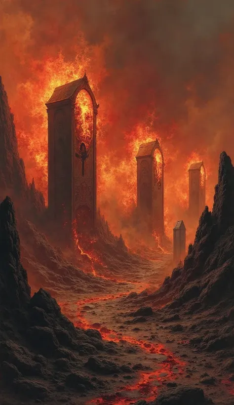  with souls buried in fire graves. Background of a hellish landscape with flames.  red and orange tones .