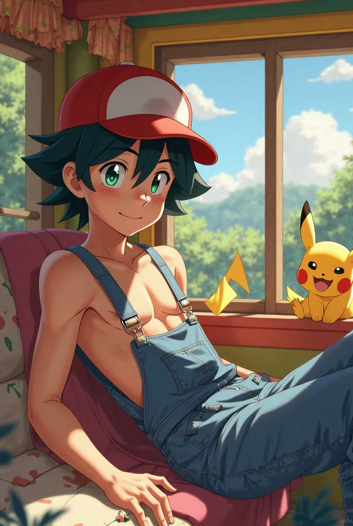 Ash Ketchum relaxing in his overalls shirtless in colorful playhouse