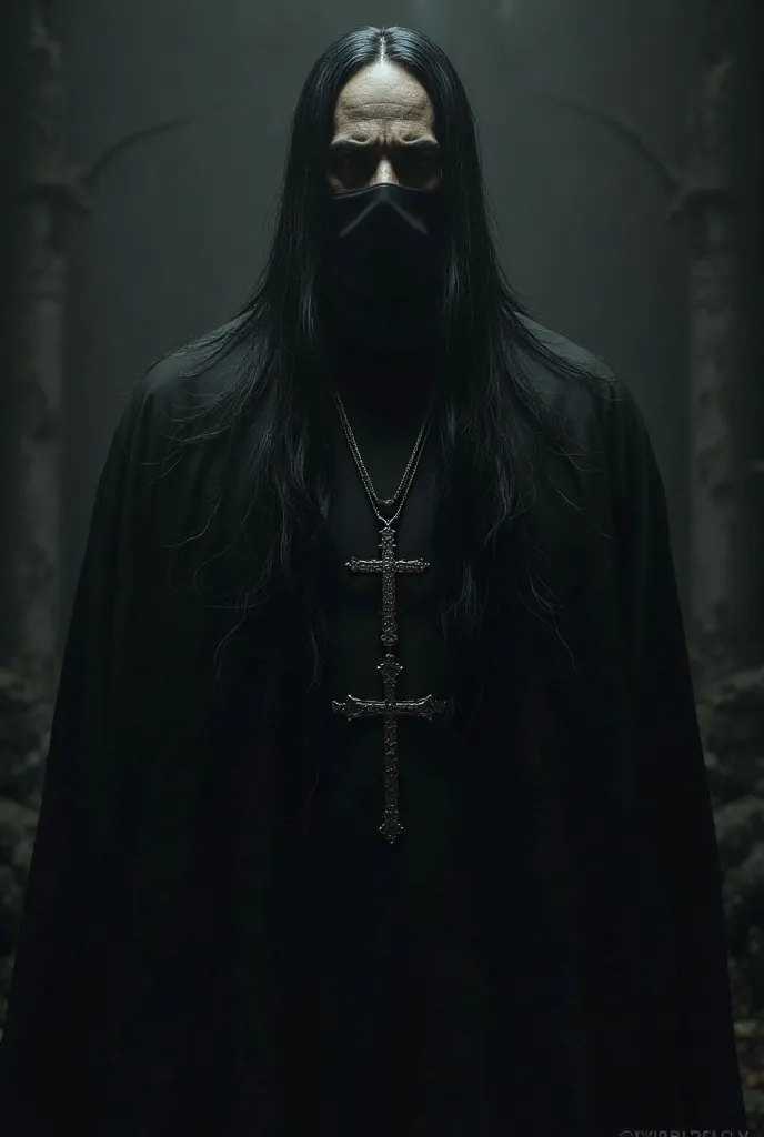 Black long haired  man with mask and cross around the neck