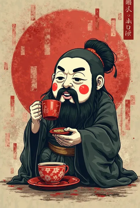 vector graphic which will be used on a t-shirt featuring a daruma doll. daruma is drinking sencha or match tea. The background features a worn looking abstract, rectangular shapes in a muted red color, resembling traditional Asian art or signage. includes ...