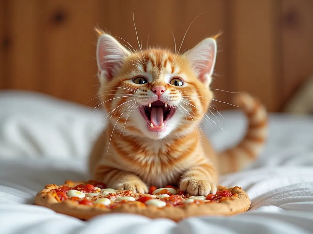 Make me 20 pictures for YouTube of an orange cat from the first time he buys the pizza products you offer to customers, and it will be as realistic as the real thing. The cat wakes up excitedly from a white bed.