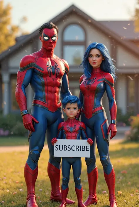 "A heroic superhero family standing together in a beautiful outdoor setting. The superhero father wears a red and blue high-tech suit with web-like patterns, his mask covering his face. Beside him stands his wife, a female superhero in a matching red and b...