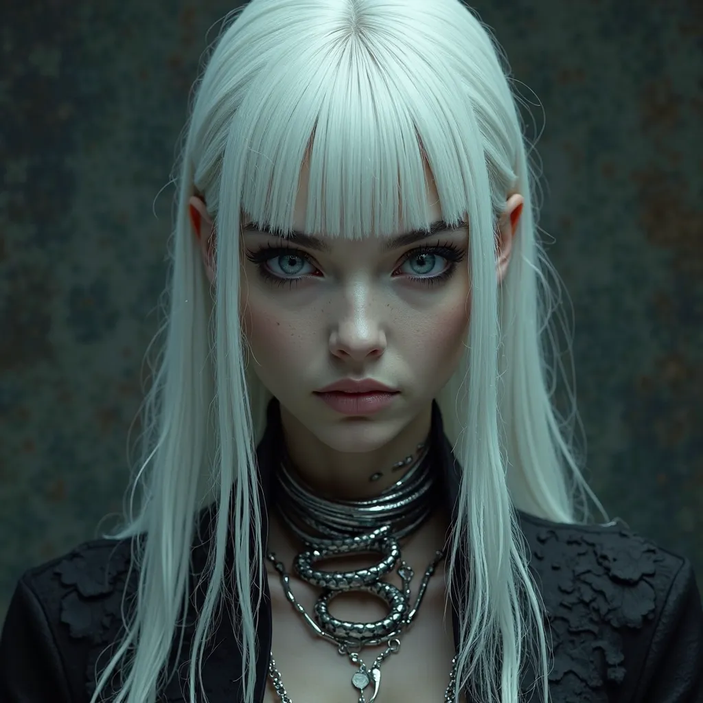 Woman with big straight white hair with metal snake around her neck