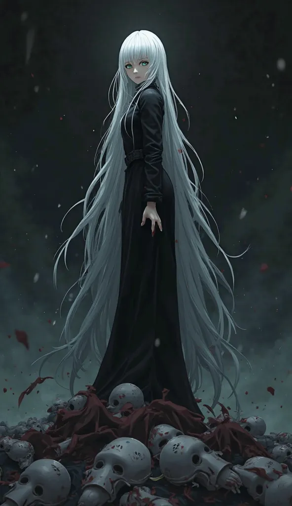 Imagine a completely woman standing on top of a pile of bodies, she is tall,  long white hair,low camera angle, dark and dark background, villain, anime, laying on her side. only eyes aren't white. right eye is green and left eye is red
