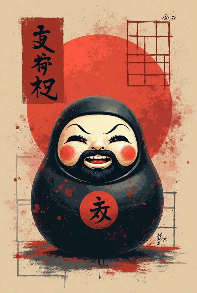 vector graphic which will be used on a t-shirt featuring a daruma doll The background features a worn looking abstract, rectangular shapes in a muted red color, resembling traditional Asian art or signage. includes shades of black, red, and beige, creating...