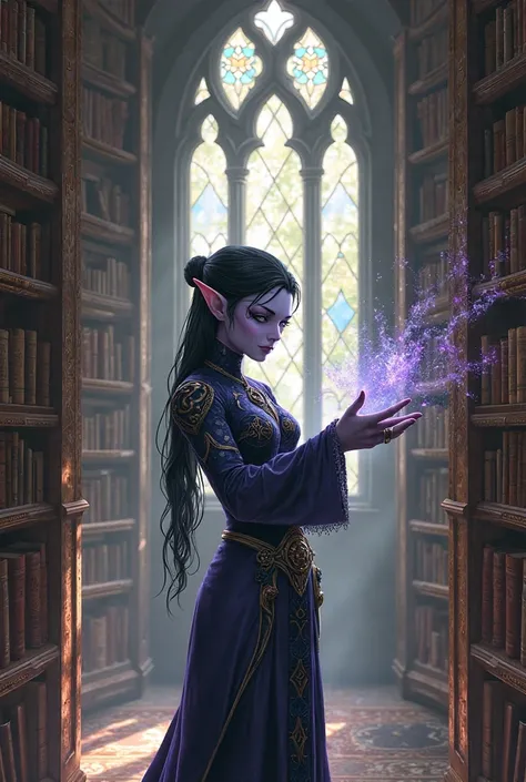 A black hair black eyed light purple skinned elf male doing magic in an mideval library. Elder scrolls art style.