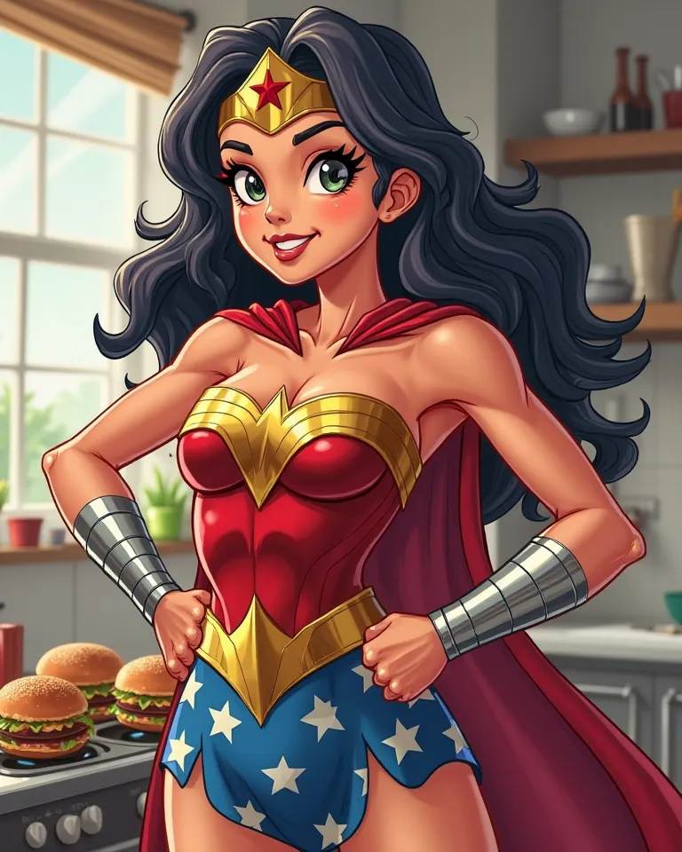 Make me a logo of a female shrimp in Wonder Woman outfit, who likes to cook. Especially cooks burgers.