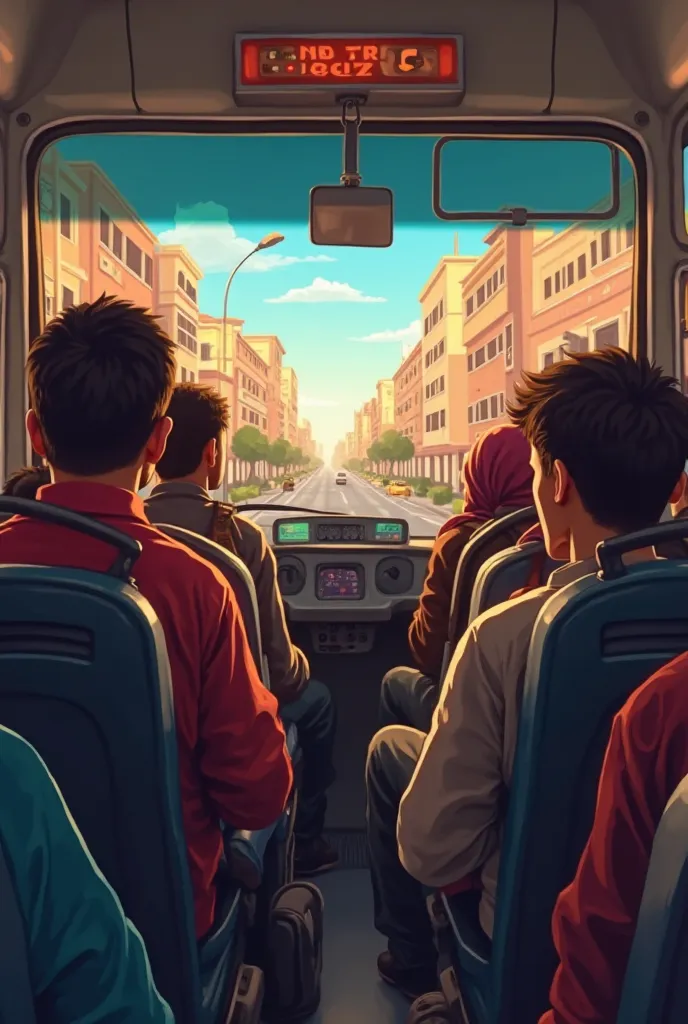 Create a crozy  realistic first-person POV image of a Moroccan student going to school on a bus full of students with a window showing a Moroccan city scene. The bus should be in motion and have a lively atmosphere.