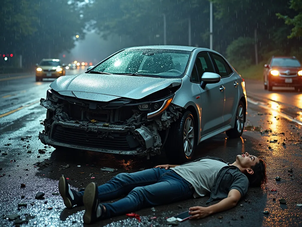 "A high-speed car crash on a wet, stormy highway at night. A silver 2020 Toyota Corolla is completely wrecked, its front end crumpled beyond recognition, steam rising from the destroyed engine, and shattered glass covering the wet asphalt. The windshield i...