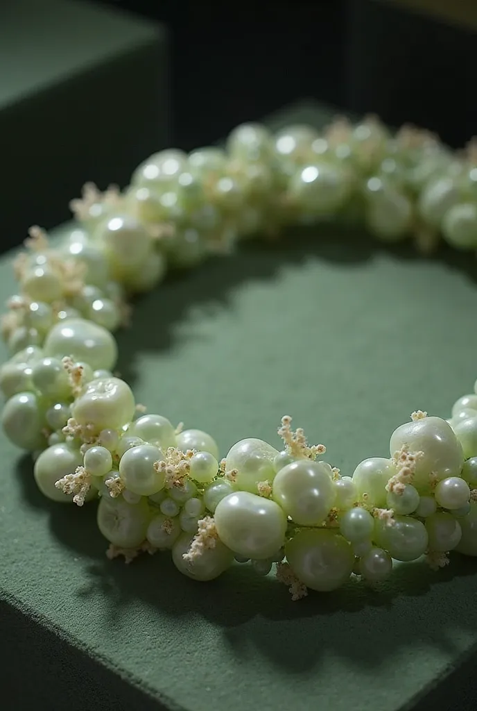 Callaïs pearl jewelry (5000—4300 v. Chr.). An antique pearl wreath of pale green callaïs, Presented on velvet in the museum, emits soft light.