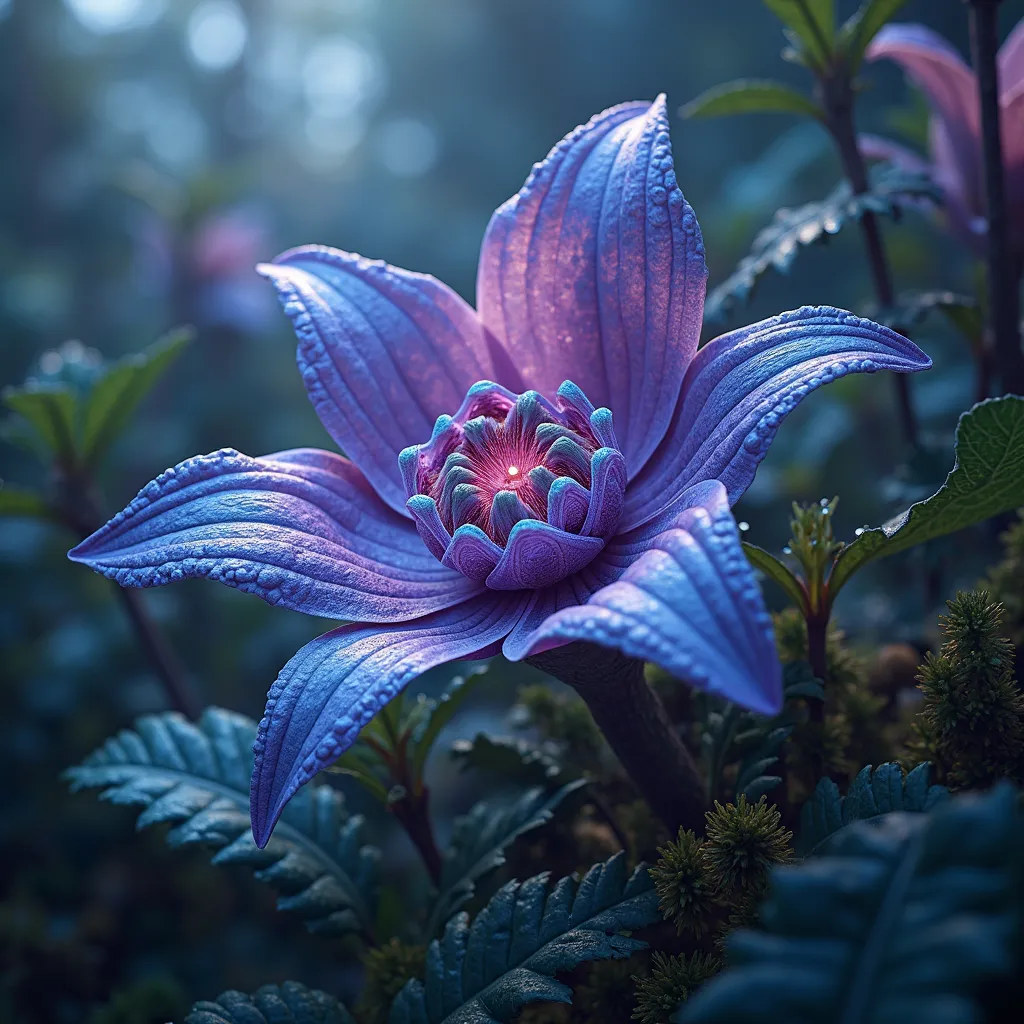 Hyper-realistic macro photography in ultra HD, 8K, of an exotic flower never seen before in terrestrial botany. Its petals are elongated and curved, iridescent violet-blue, with finely striated edges that reflect light in a mesmerizing way. Its core featur...