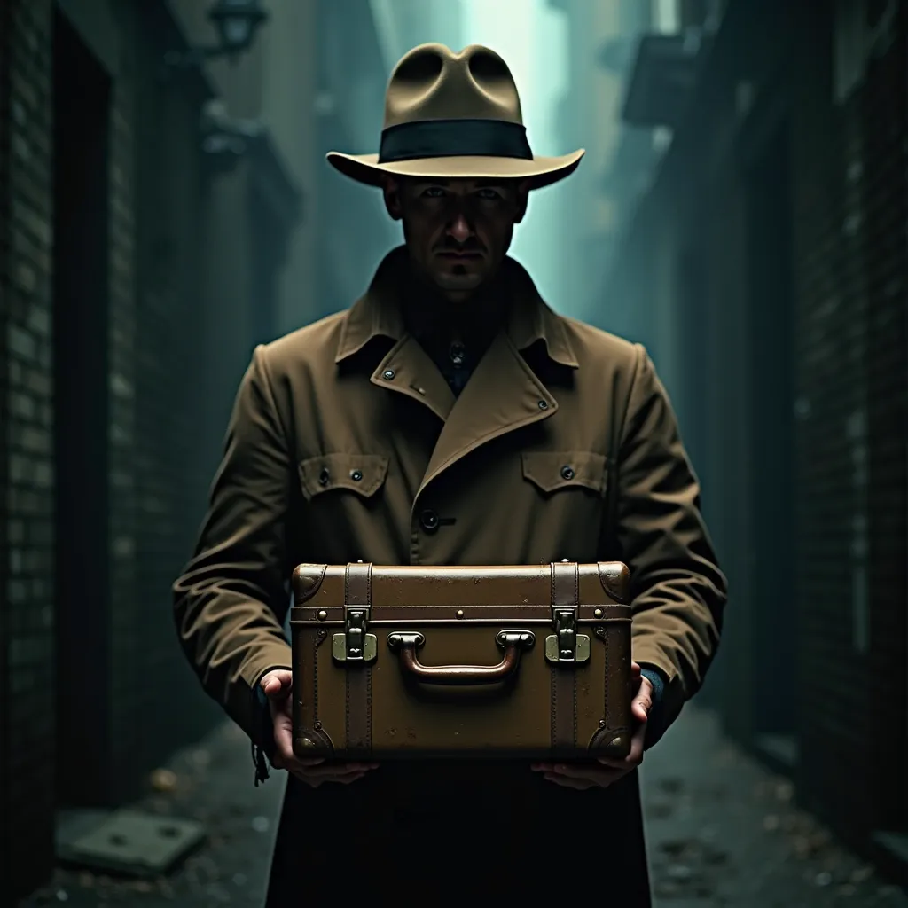 The image features a mysterious man wearing a brown trench coat and a fedora hat, casting a shadow over his face, which adds an element of intrigue. He is holding an old, vintage suitcase with a worn-out appearance, positioned in front of him. The suitcase...