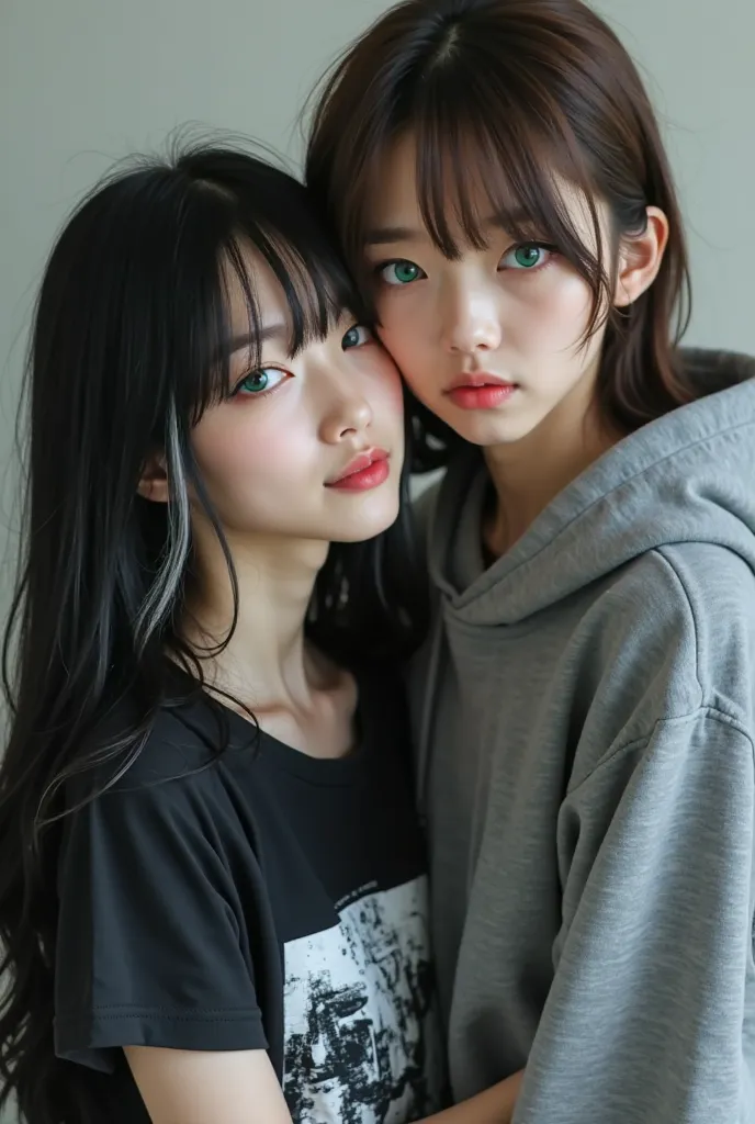 Half korean Japanese Women, 175 cm, pale, gray siren sleepy eyes with long lashes,long black hair with long bangs and white highlights, straight eyeliner,skinny, v shape face, wearing black T-shirt with cybersigilsm on it. 
Japanese  boy, 180cm,shaved face...