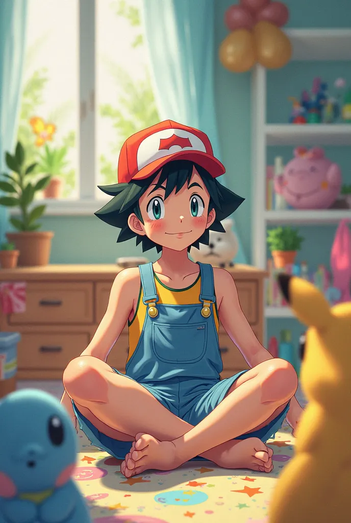 Ash Ketchum relaxing in his overalls shirtless in colorful playroom