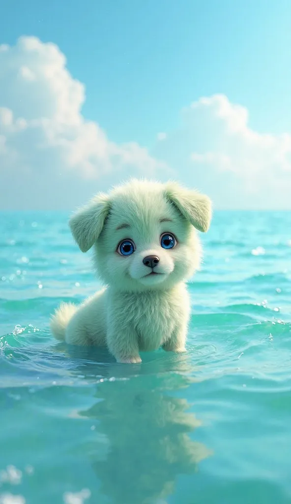 Beautiful little fluffy puppy(blue eyes. Light green  colour)are sitting in the sea in 3D animation 