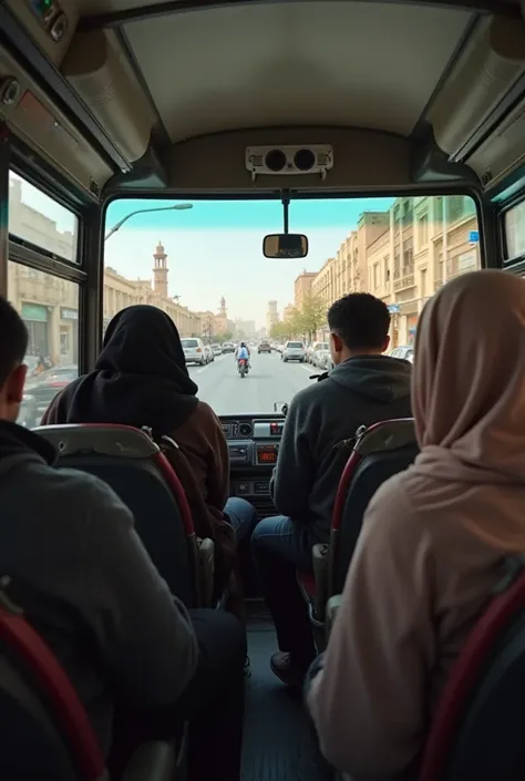 Real first-person POV image of a Moroccan student going to school on a  morocan new bus full of students , a student in the back talking with full faces , a hijabi girls and a old morocan man captured in the camera. with a window showing a Moroccan city sc...