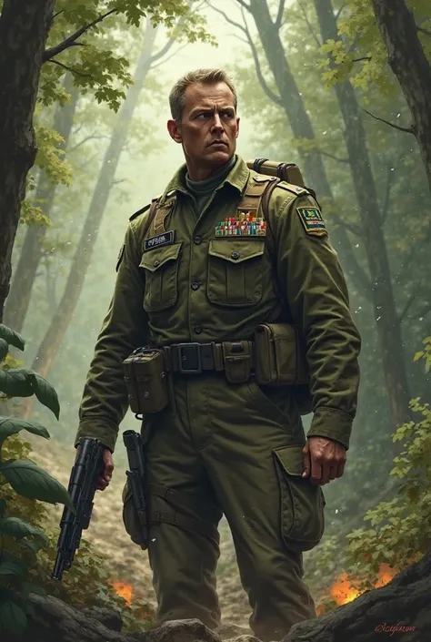 He wears a military suit in the woods and fights enemies