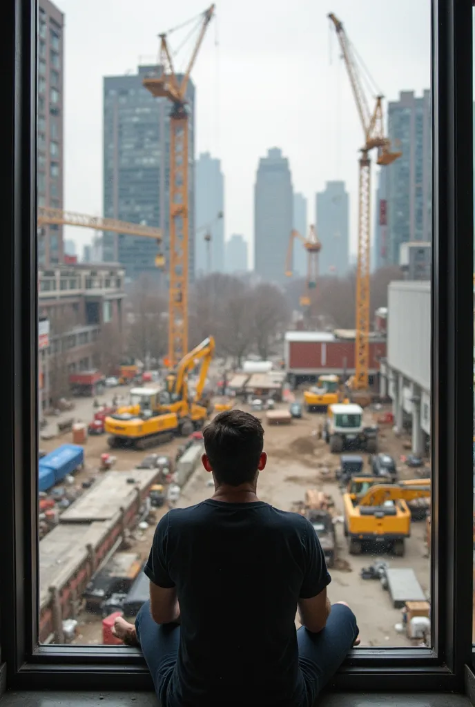 A man sitting at the window of his apartment high up in front of the construction site with several machines and cranes downstairs,The image only shows the man's feet and the work in the background with buildings is as if it were his vision and looking out