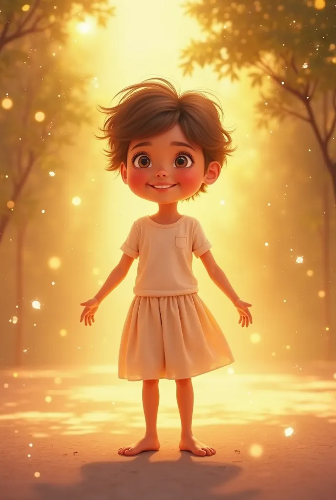 The  from the beginning now standing,  smiling with joy ,  surrounded by a golden glow . Her countenance changed completely, reflecting confidence and happiness. Disney/Pixar-style art