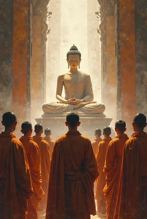 Monks with folded hands before the Buddha