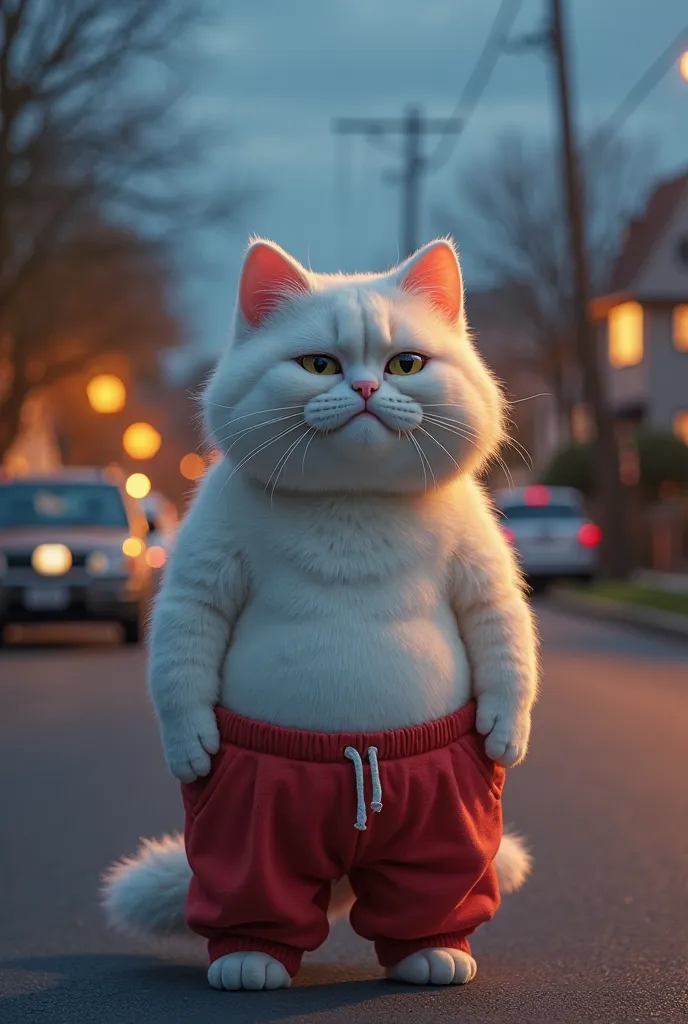 "A fully chubby humanoid cat with soft white fur, standing on a quiet suburban street at dusk. The cat has a sad expression with tears streaming down its face, eyes slightly squinted. Its fur is fluffy with a natural striped pattern. It wears only red trac...